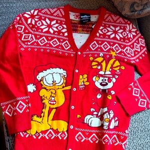 Garfield Ugly Christmas Sweater Cardigan Small Odie Dog Cat Red Santa Holiday